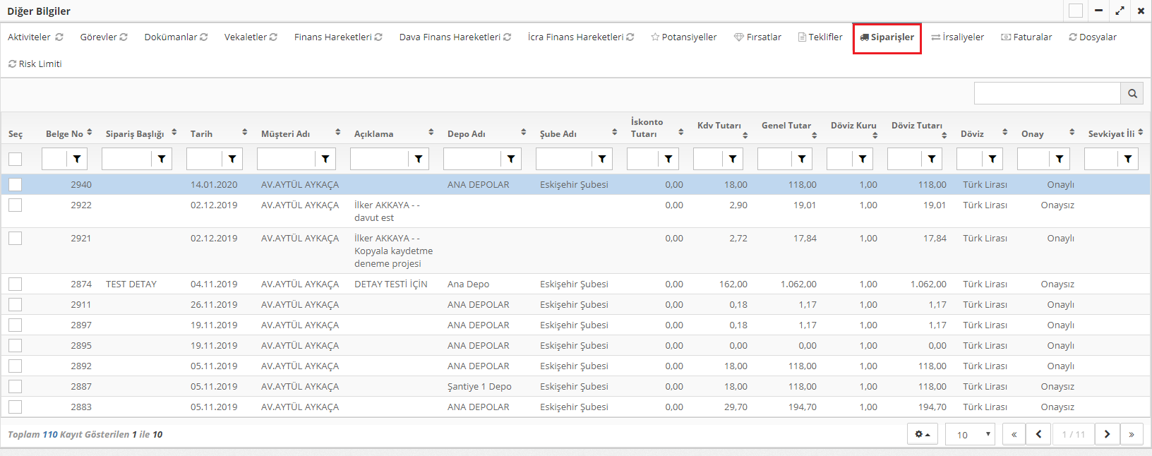 diğer bilgiler - siparişler
